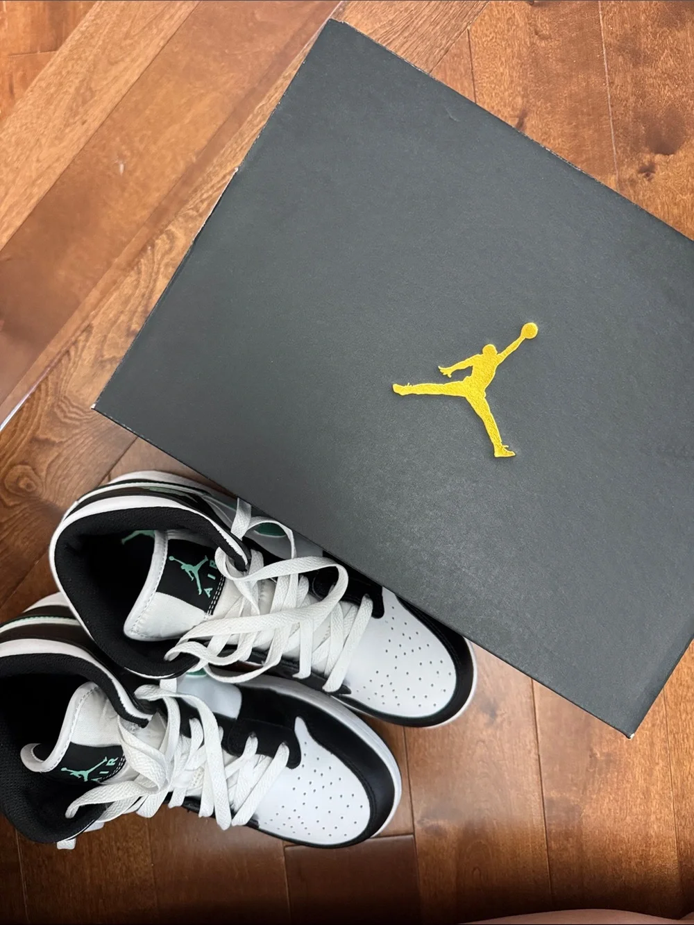 Nike Kids Air Jordan 1 Mid - White/Black with Mint Swoosh
